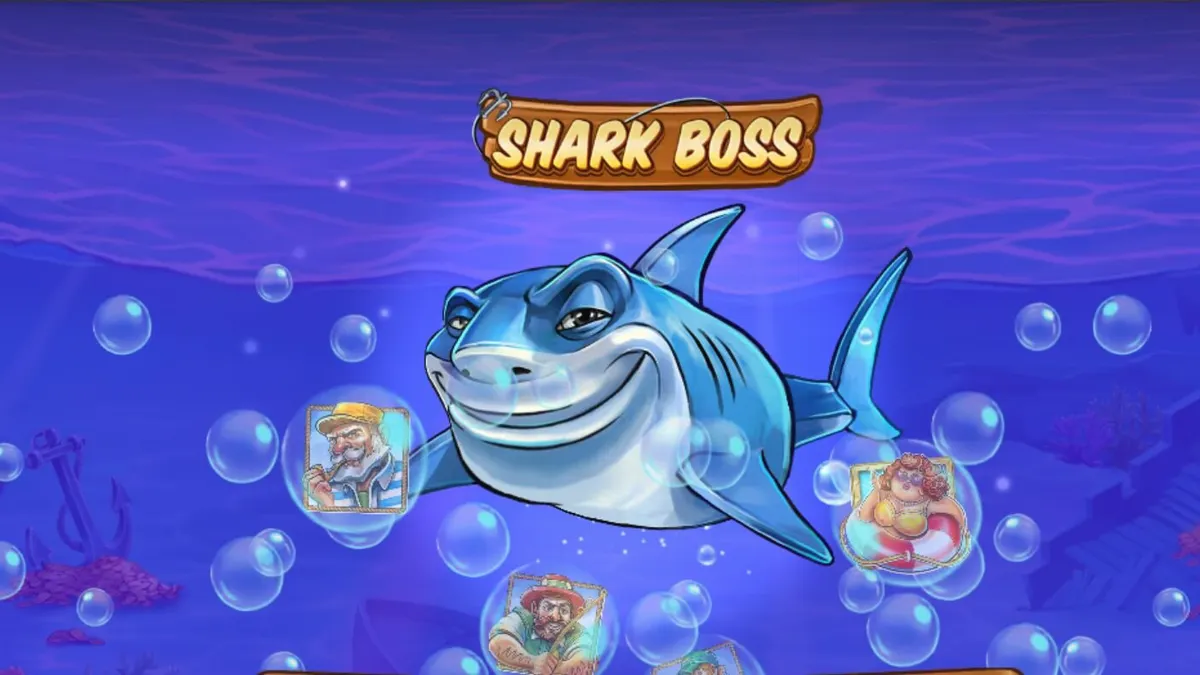 Shark Boss slot game interface featuring the shark character on a boat