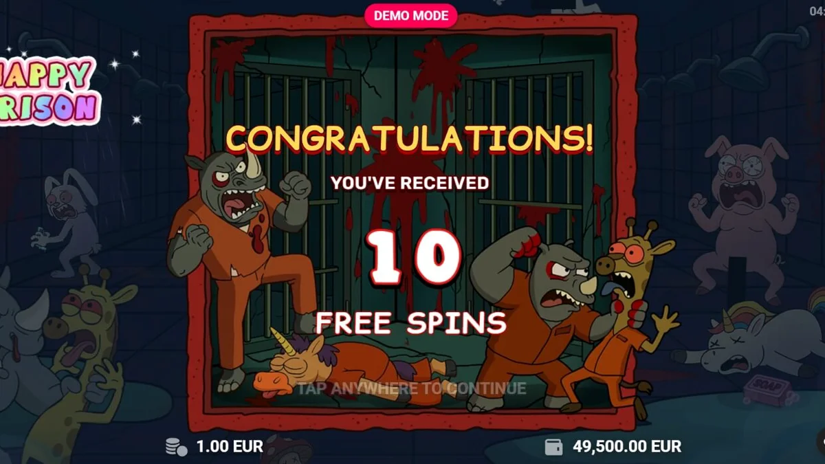 Tampilan visual slot Happy Prison dengan karakter kartun dan elemen penjara